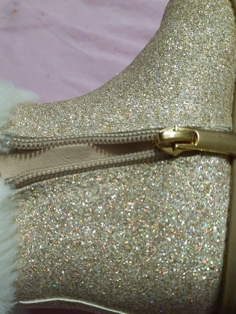 Girls Glitter Ankle Boots with Plush Faux Fur Trim - Gold
